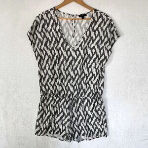 J Crew Women's Black‎ White Ikat Print One-Pc Romper Jumpsuit Elastic Waist M